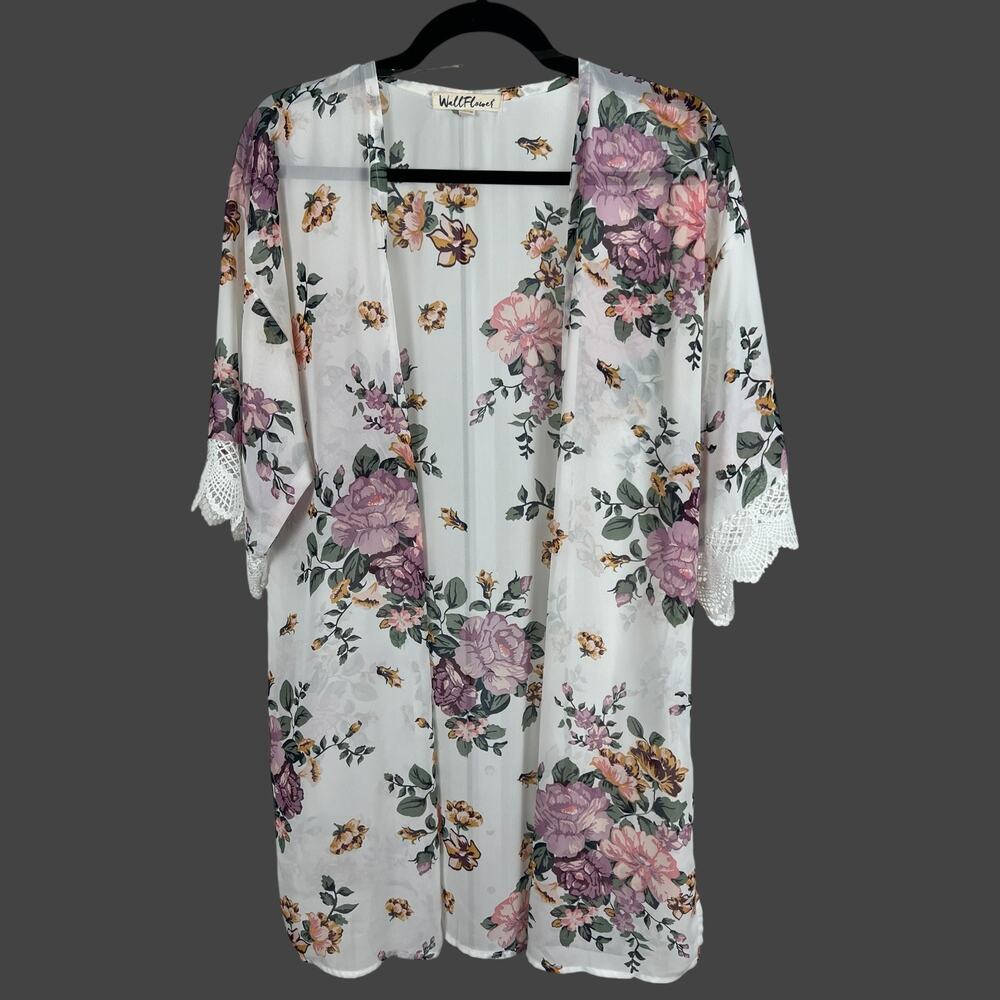 WallFlower Floral White Kimono Cardigan Size Small‎ Lace Trim Sheer Boho Duster